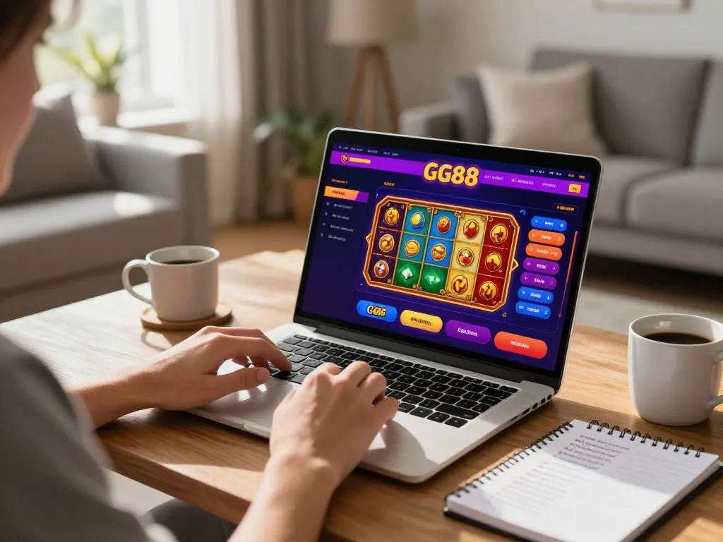 Player engaging with the GG88 online casino platform on a cozy home gaming setup.