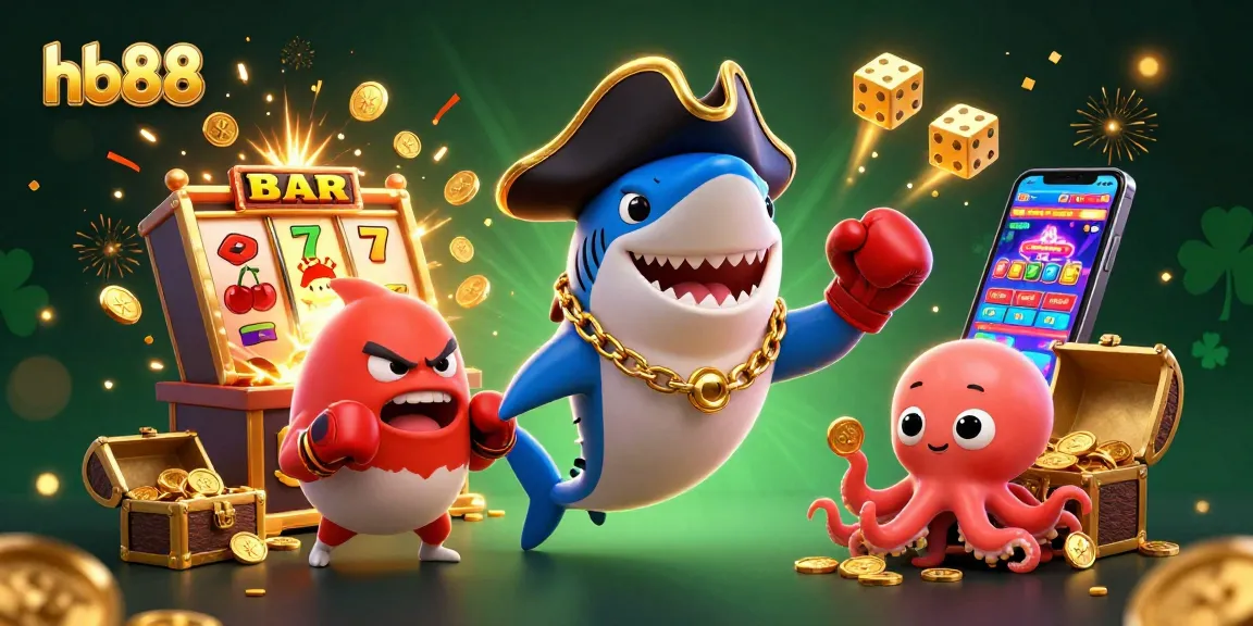 Engage with hb88's exciting gaming atmosphere featuring a shark, pufferfish, and octopus.