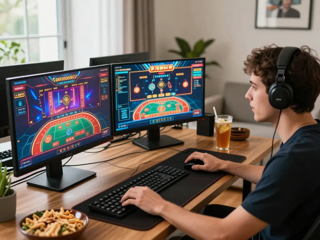 Player enjoying live dealer games on wala88 platform with multiple screens, showcasing online gambling excitement.