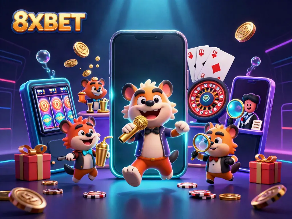 Hyenas performing in a vibrant casino scene at 8XBET with dynamic gaming elements and colorful atmosphere.