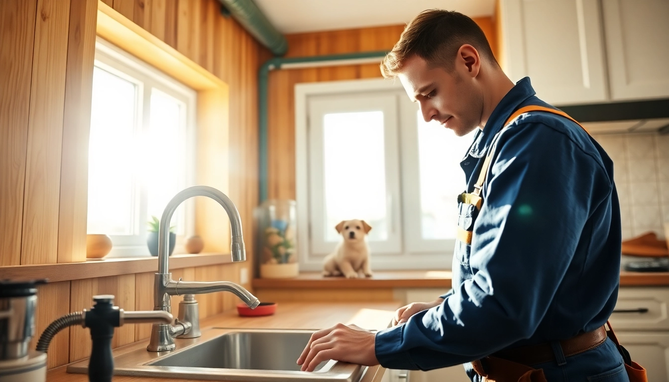 Expert Plumber near me fixing a kitchen sink in a bright and cozy setting.