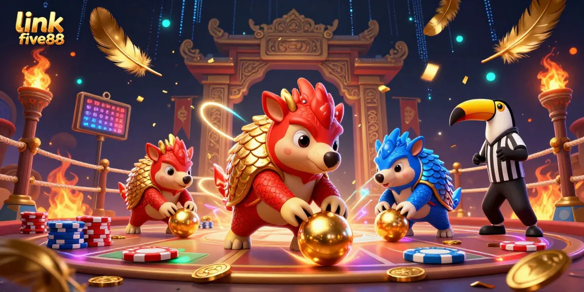 Engage with exciting gameplay at link five88, where rival pangolins battle through poker chips in a vibrant casino scene.