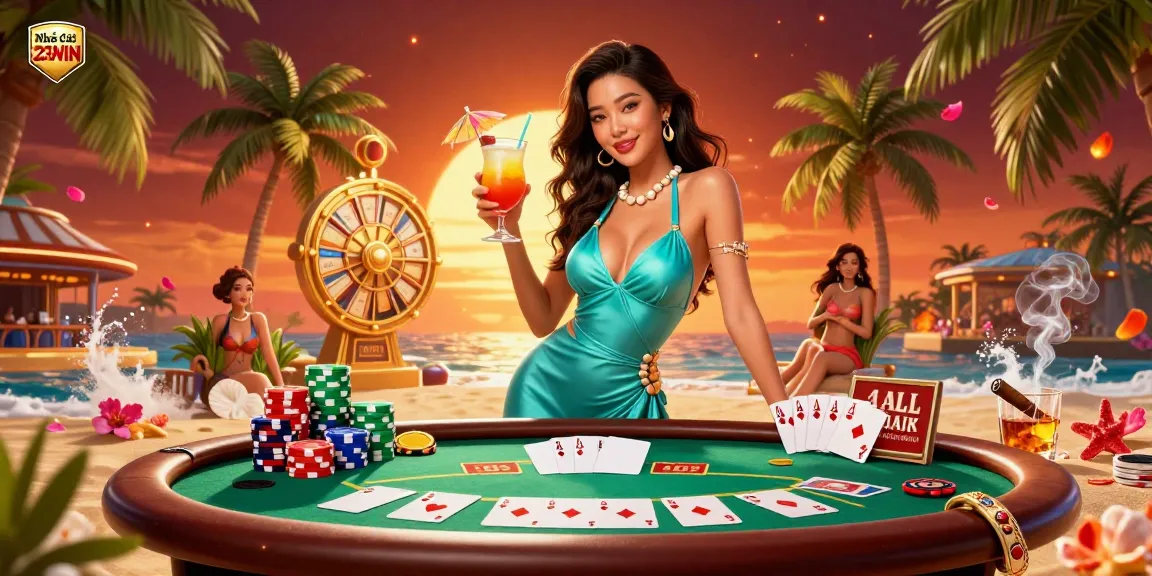 Engage with the thrill at Nhà cái 23WIN, a vibrant casino scene featuring a glamorous woman amidst poker chips and cards.