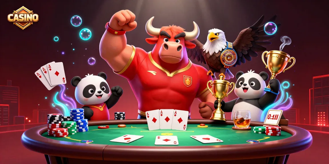 Enjoy the excitement at this CASINO with a joyful bull mascot and friends celebrating winnings.