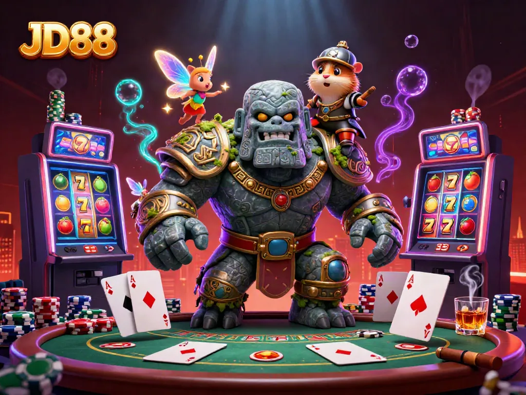Experience JD88 excitement with a vibrant 3D illustration featuring casino elements and characters.