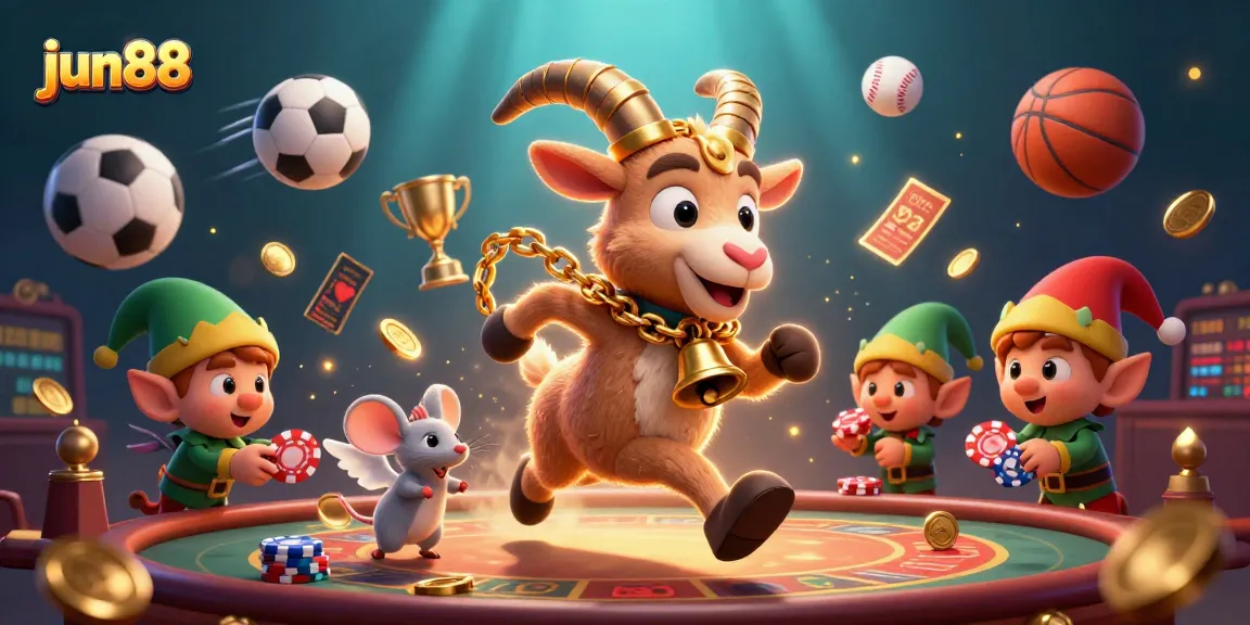 Engage with jun88's dynamic casino scene featuring festive characters and exciting sports elements.
