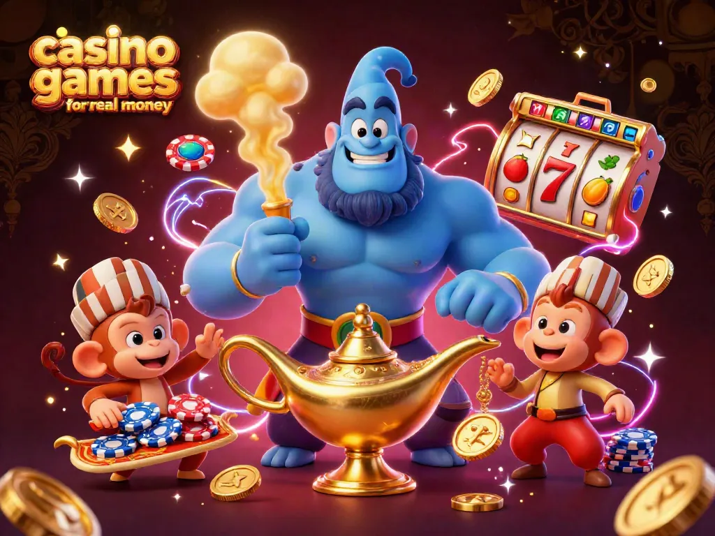 Experience exciting casino games for real money with colorful genie characters and vibrant slot elements.