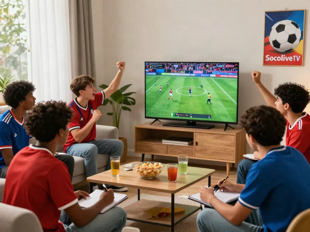 Exciting football match view on SocoliveTV with friends cheering and enjoying snacks in a cozy living room.