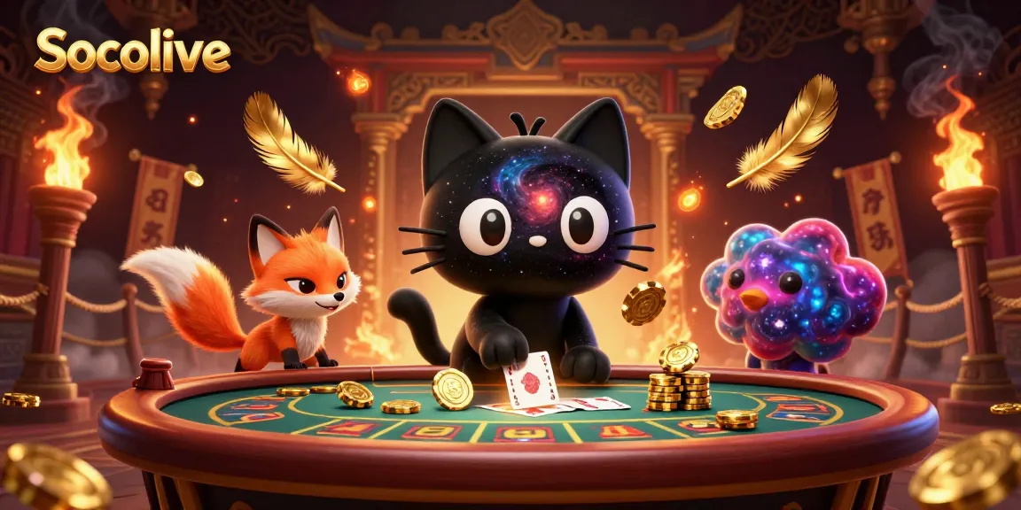 Socolive offers an engaging cosmic casino experience with a black hole cat pulling in golden chips and cards.