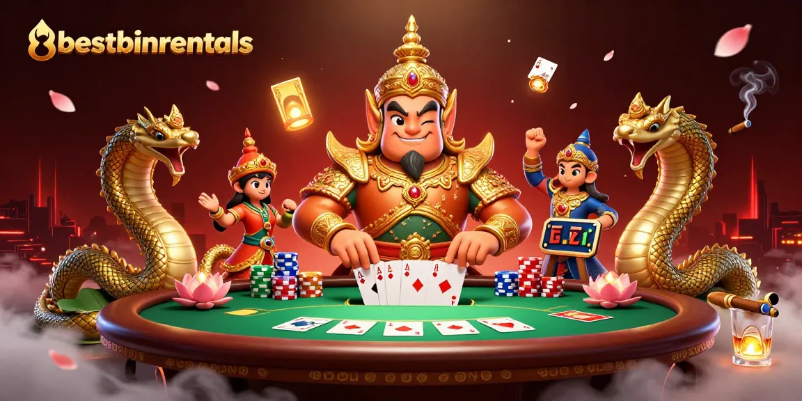 Engage in excitement at bestbinrentals with a vibrant casino scene showcasing high-stakes poker chips and cards.