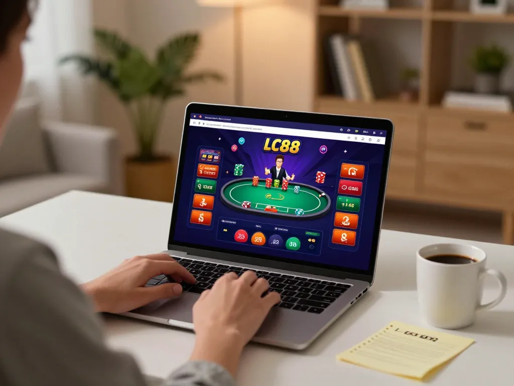 Engaging in online poker gameplay on LC88 with a stylish home setup and vibrant graphics