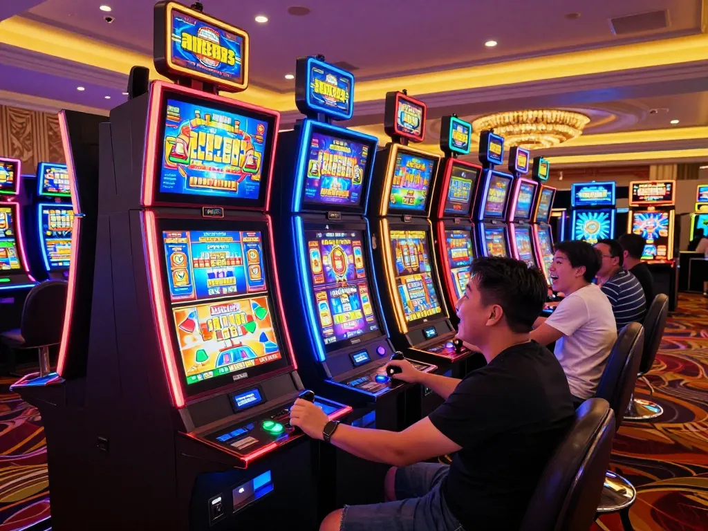 Pemain berinteraksi dengan mesin slot di tengah cahaya warna-warni dan kegembiraan di lingkungan kasino yang hidup