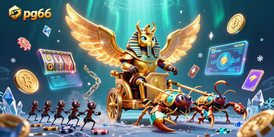 Engage with pg66’s thrilling gaming universe featuring a pharaoh beetle and glowing slot reels.