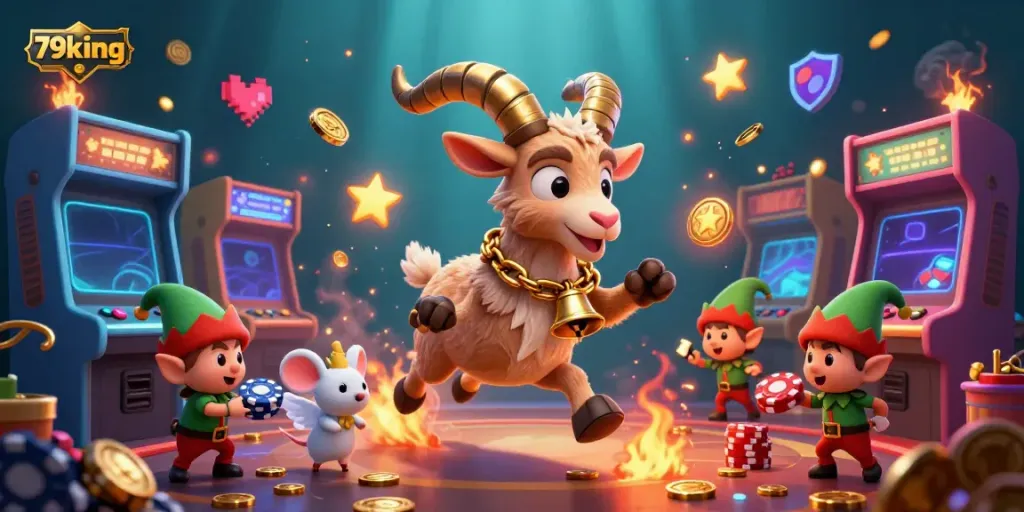 Experience the thrill of 79king with a festive casino scene featuring Krampus, an angel mouse, and elf gremlins.