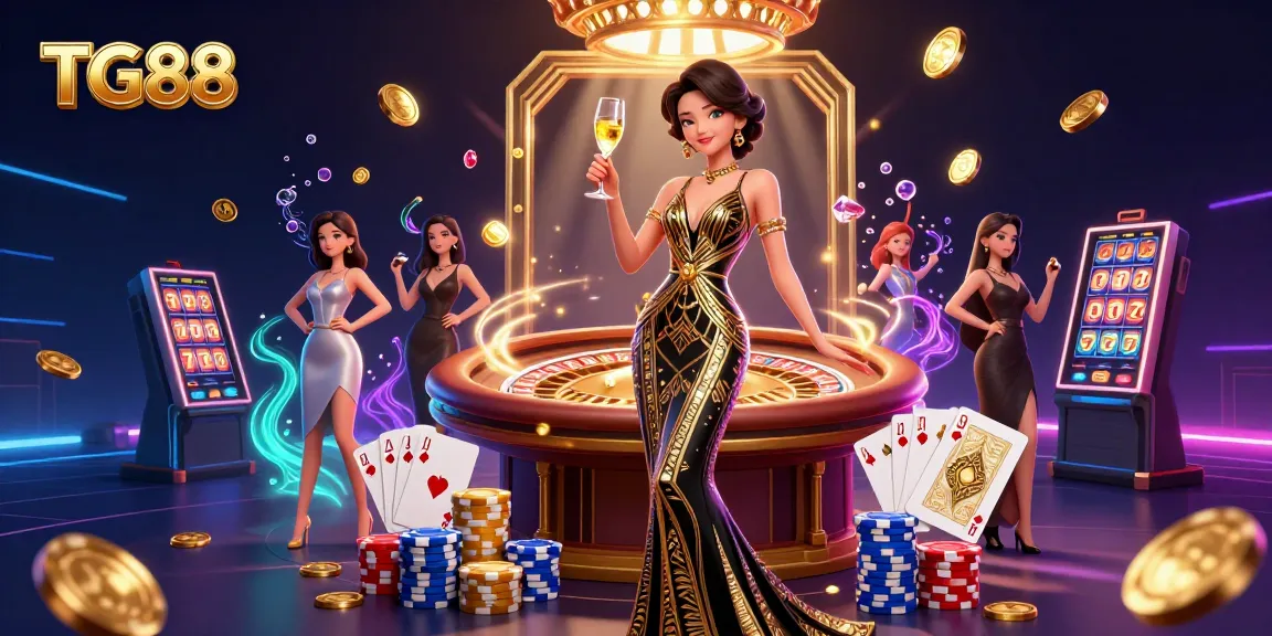 Experience winning opportunities with TG88 in a vibrant 3D casino scene featuring elegant glamour and dynamic game elements.