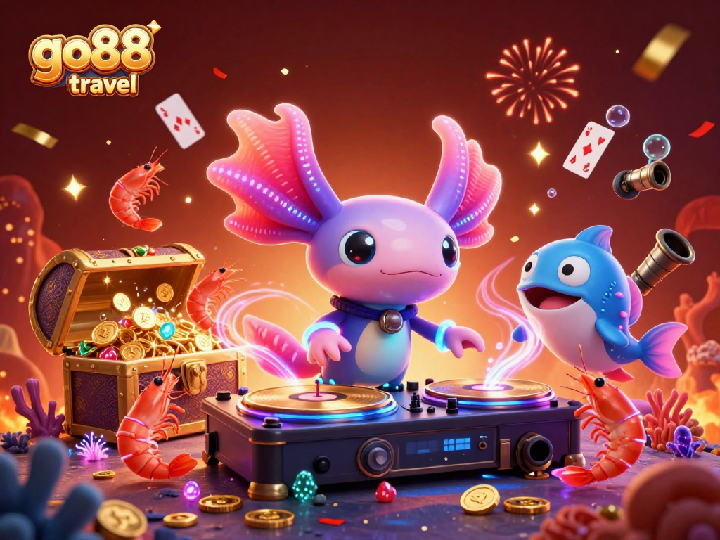 Experience exciting gameplay at go88 travel with a vibrant underwater casino party showcasing neon characters and treasures.