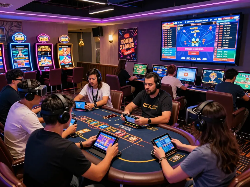 Engaged players experiencing nk88 in a lively online casino setup with vibrant lighting and interactive games.