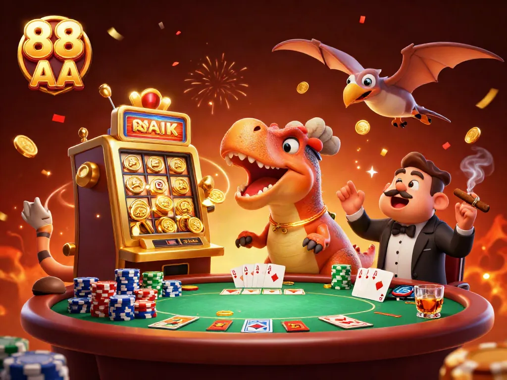 Experience the thrill of 88 AA with a pachycephalosaurus winning a jackpot, surrounded by casino elements.