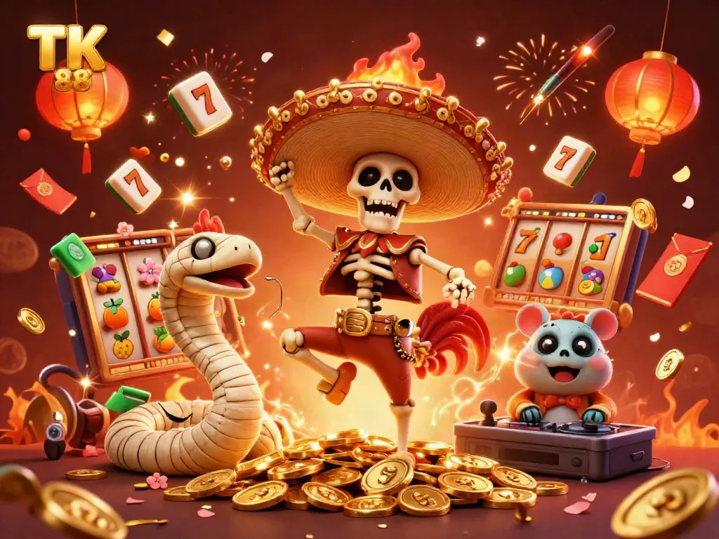 Engage with TK 88's dynamic jackpot fun featuring vibrant characters celebrating winning moments.