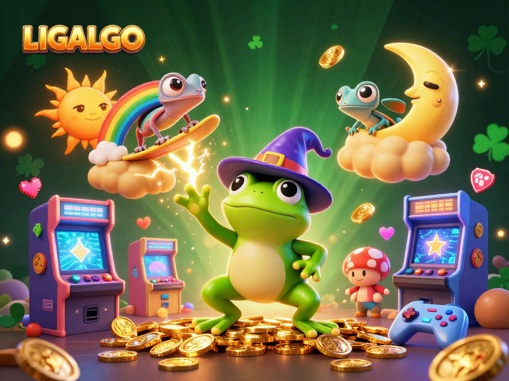 LIGALGO engaging players with dynamic golden coin storm and arcade game elements in a vibrant casino scene.
