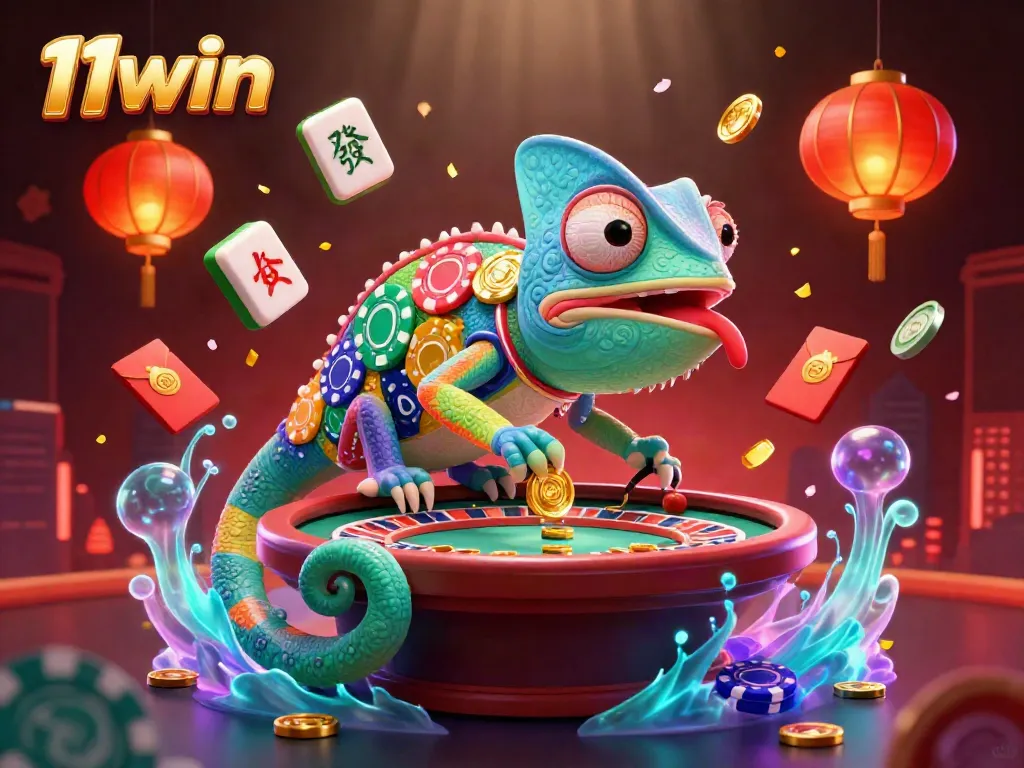 Experience thrilling action with 11win's chameleon casino owner amidst vibrant game elements.