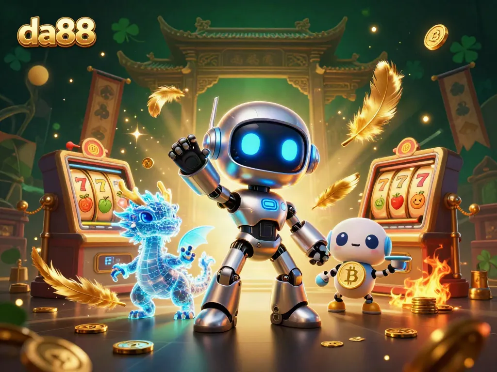Engage with da88's thrilling slot adventures, featuring a cyberpunk robot and bitcoin dragon.
