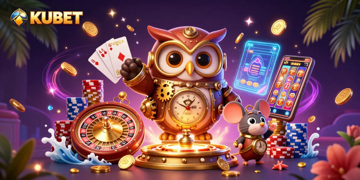 KUBET offers an exciting casino experience with vibrant, colorful 3D elements, including owl, coins, and roulette.