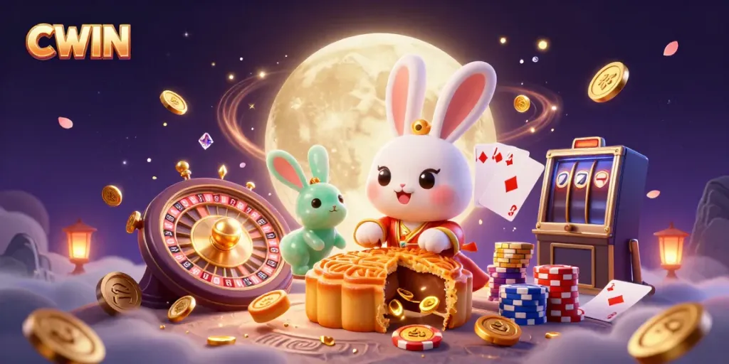Experience CWIN with a moon rabbit on a lunar casino, vibrant gems, and spinning roulette wheels.
