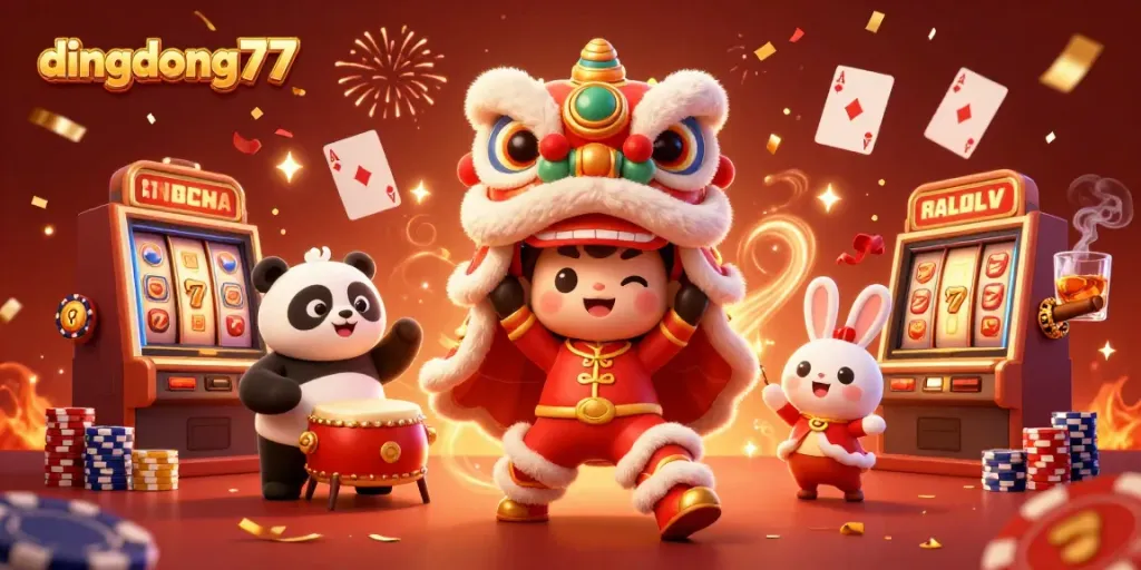 Win big at dingdong77 while enjoying a lively 3D casino celebration with spinning slots, poker chips, and festive characters.
