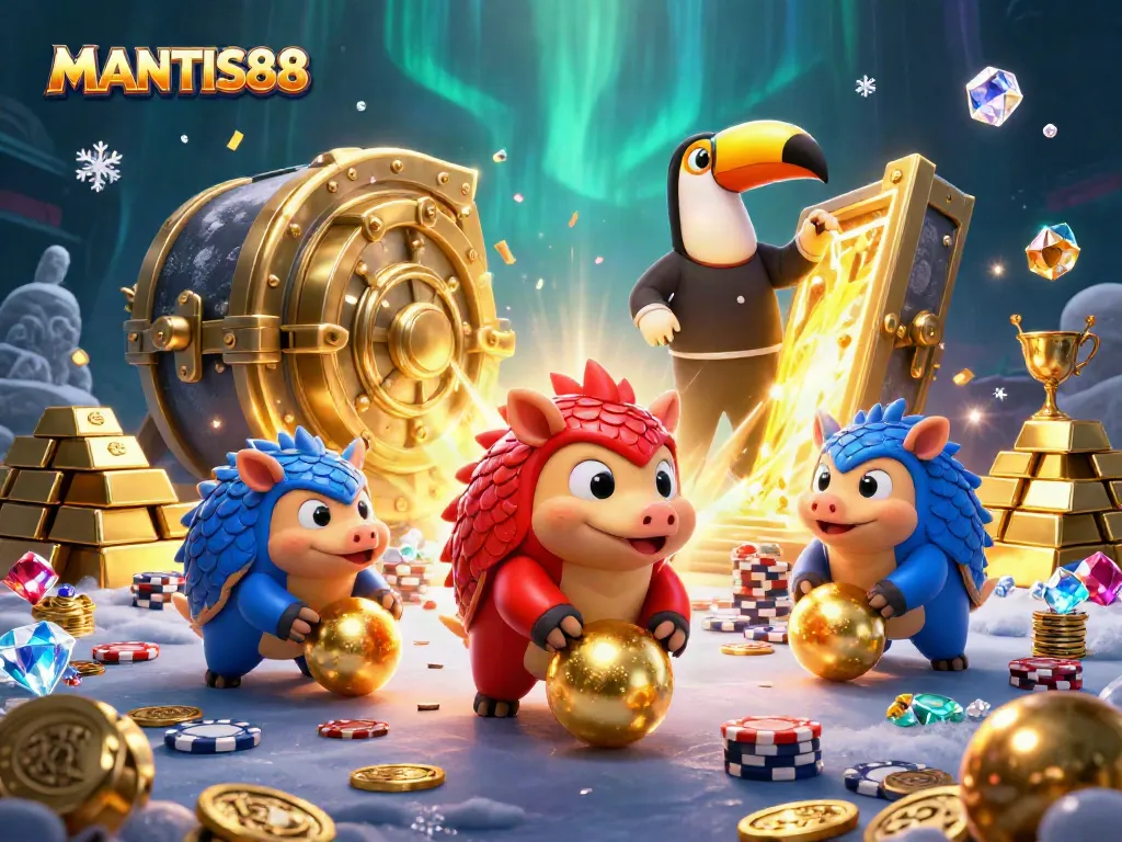 Experience thrilling wins at MANTIS88 with rival pangolins bowling through poker chips in a vibrant casino scene.