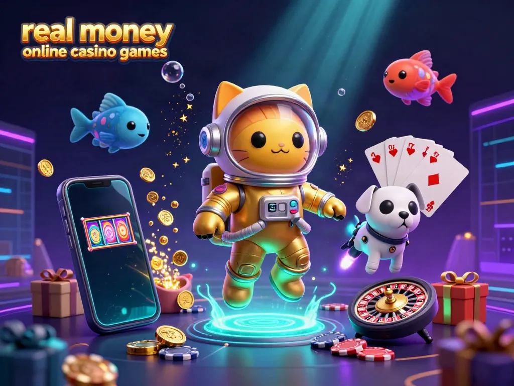 Engage with real money online casino games illustrated through a vibrant 3D scene with cartoon characters and casino elements.
