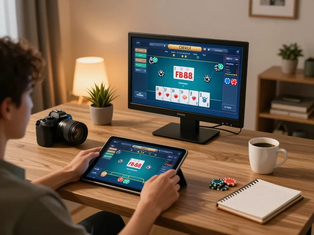 Player enjoying fb88 casino game on a tablet, demonstrating strategic gameplay in a cozy setting.