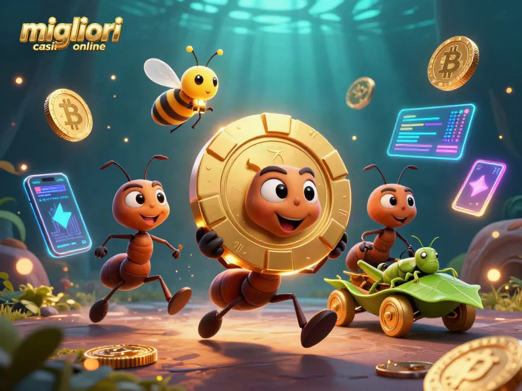 Giocando nei migliori casino online, le formiche affrontano una missione d'azzardo con fiches dorate.
