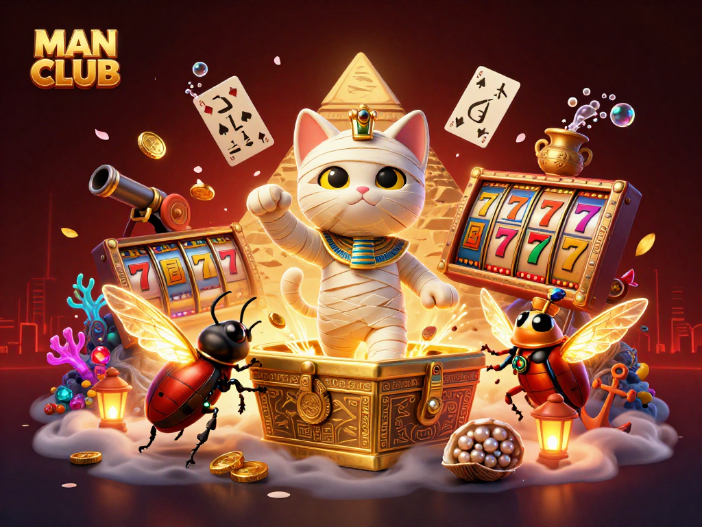 Engage with MAN CLUB's dynamic scene featuring a cartoon mummy cat and casino elements.