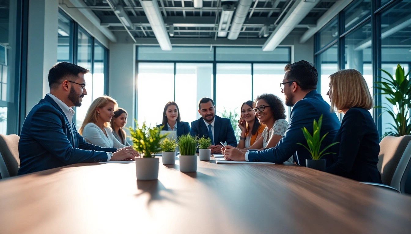 Discussing strategies for Federal and State contracts at a modern business meeting table.