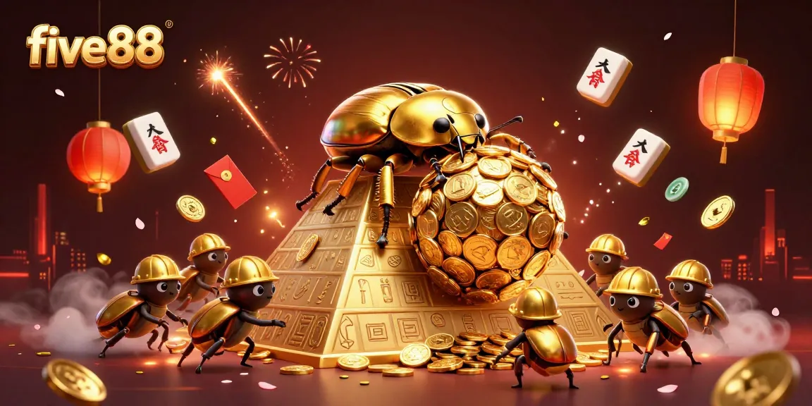 Experience five88 with a golden dung beetle rolling coins at a vibrant casino-themed scene.