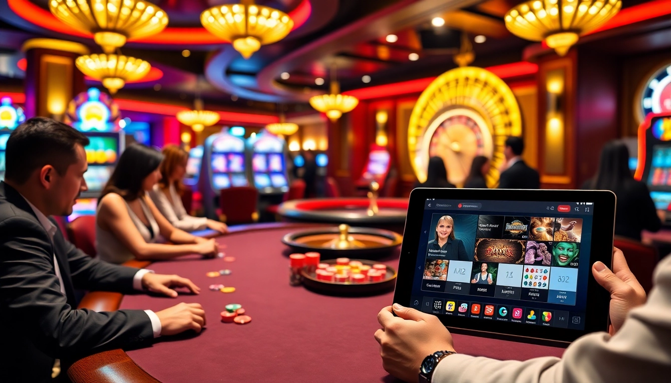 Players enjoying games at km88 casino tables surrounded by vibrant slot machines.