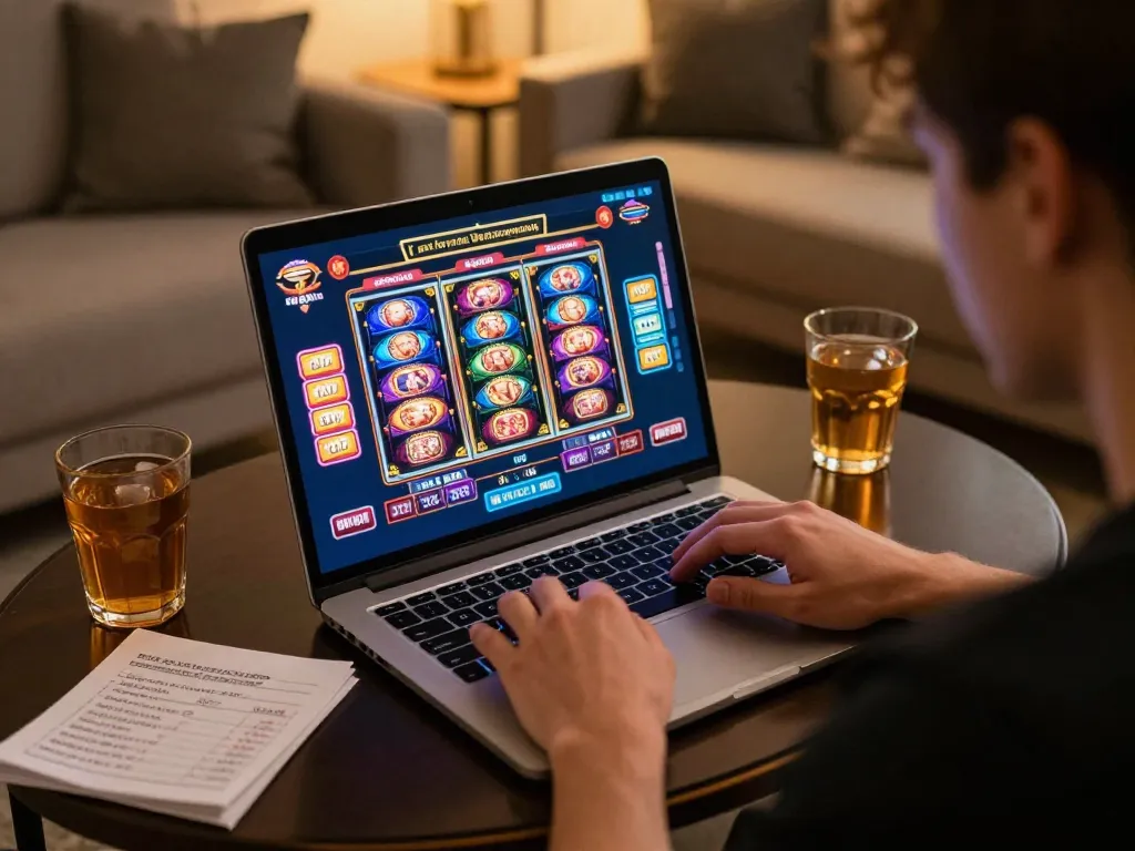 Player engaged in online gambling at home using tr88it platform, showcasing poker interface and strategic notes.