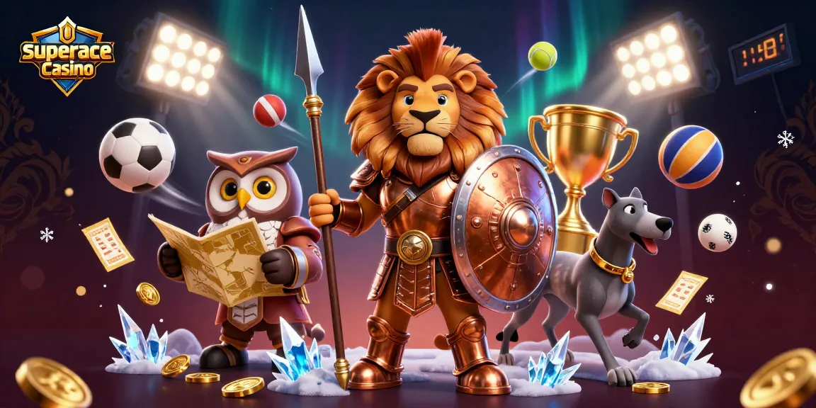 Engage in the thrill of superace casino with a vibrant illustration showcasing heroic characters and dynamic sports betting elements.