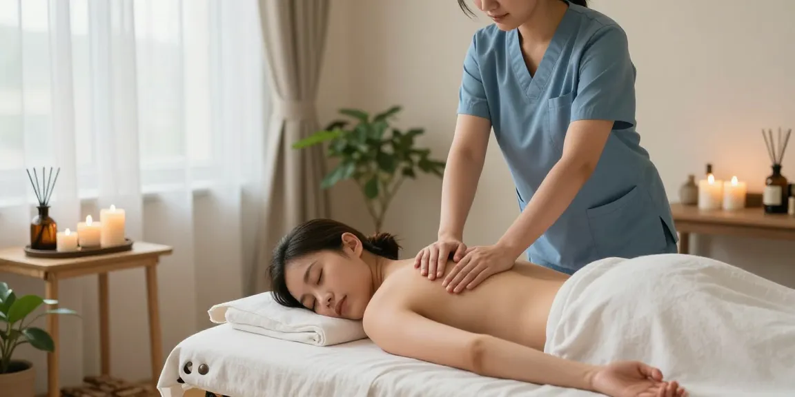 Relaxing scene of a therapist providing 일산출장마사지 in a serene wellness atmosphere with calming decor.