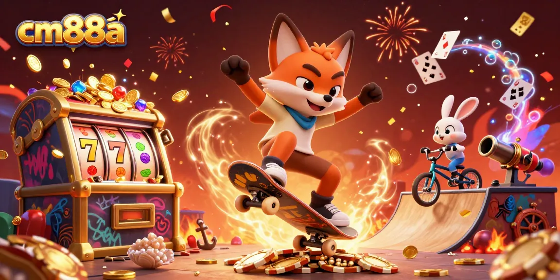 Experience exciting gameplay at cm88a with vibrant fox and rabbit in a casino-themed illustration.