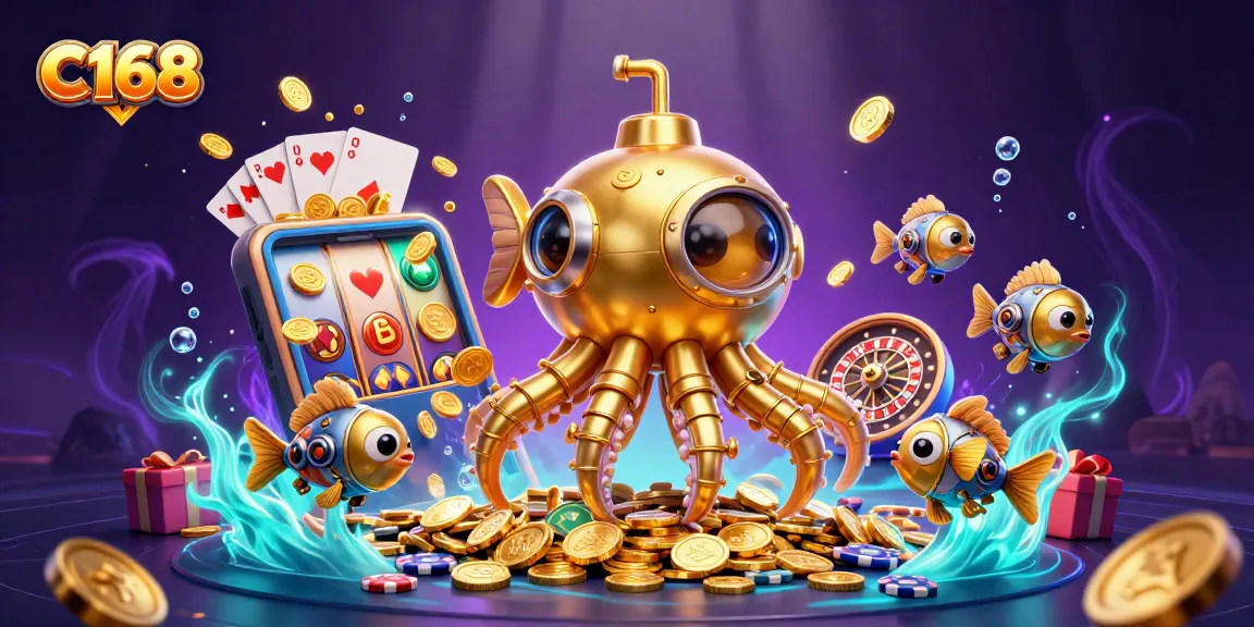 Win big with C168, featuring a kraken submarine and colorful slot games in a vibrant casino scene.
