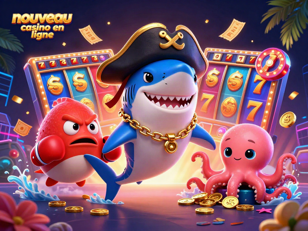 Découvrez un nouveau casino en ligne avec un requin pirate stylé, un poisson-globe et un bébé pieuvre, remplis de joie.