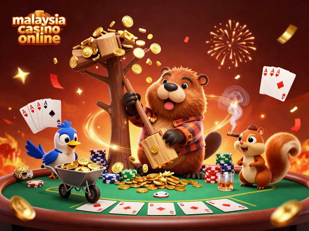 Experience the excitement of malaysia casino online as cartoon characters celebrate with golden coins raining down.