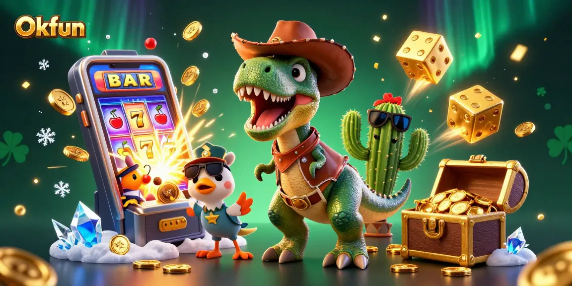 Engage in thrilling slots action with Okfun's vibrant cartoon scene featuring jackpot fun!