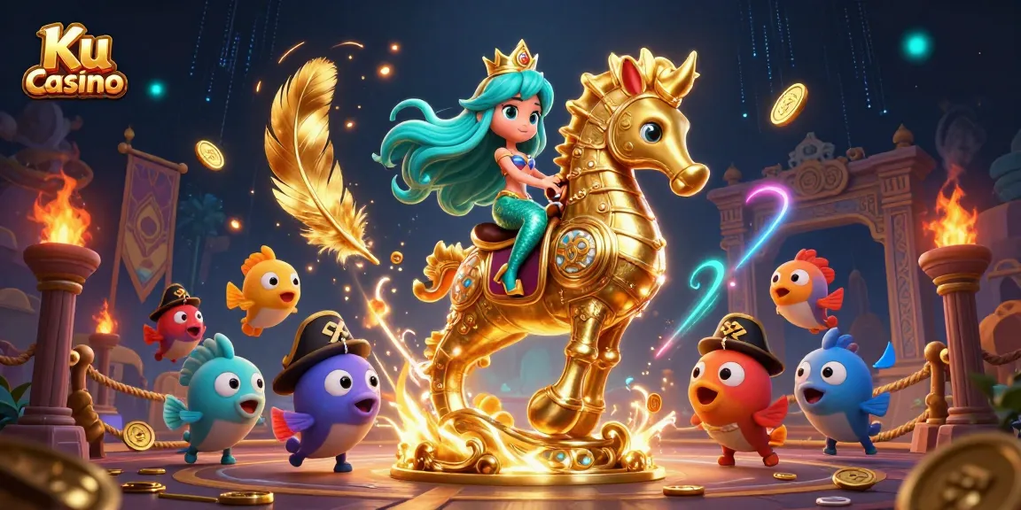Engage with thrilling Ku casino adventures through colorful 3D illustration of a mermaid and her seahorse companion.