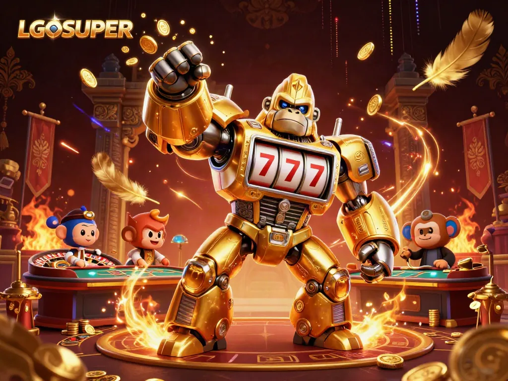 Experience thrilling gameplay with LGOSUPER's golden gorilla mech in an exciting casino scene.