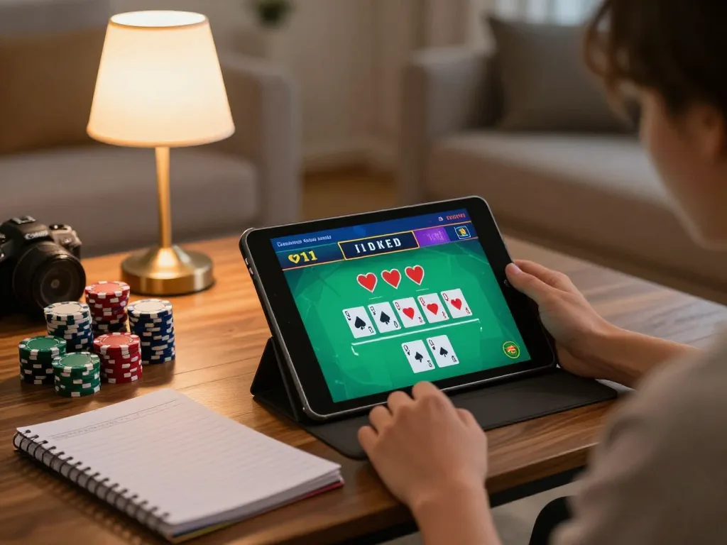 Engaging in an online casino game on https://www.mnm88.com/ with a cozy home setting and vibrant atmosphere.