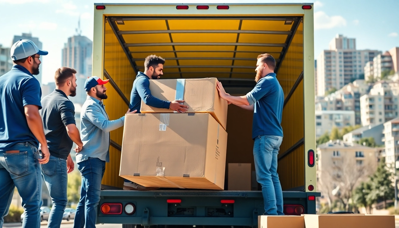 Calgary movers efficiently transporting boxed items into a moving truck in an urban setting.