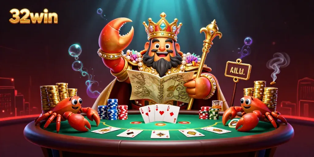 Engage in the ultimate casino experience with 32win’s vibrant poker scene featuring a golden crab emperor.